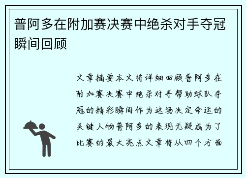 普阿多在附加赛决赛中绝杀对手夺冠瞬间回顾